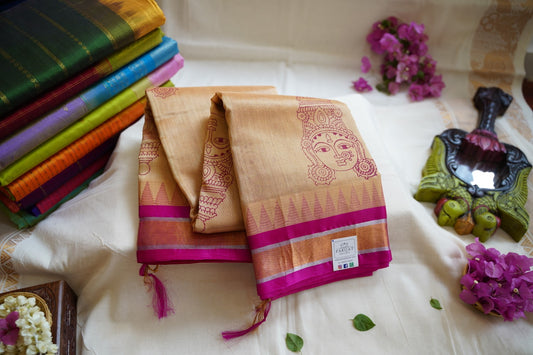 Block Printed Kanchi  Silk Cotton Saree With Zari Border  PC10540