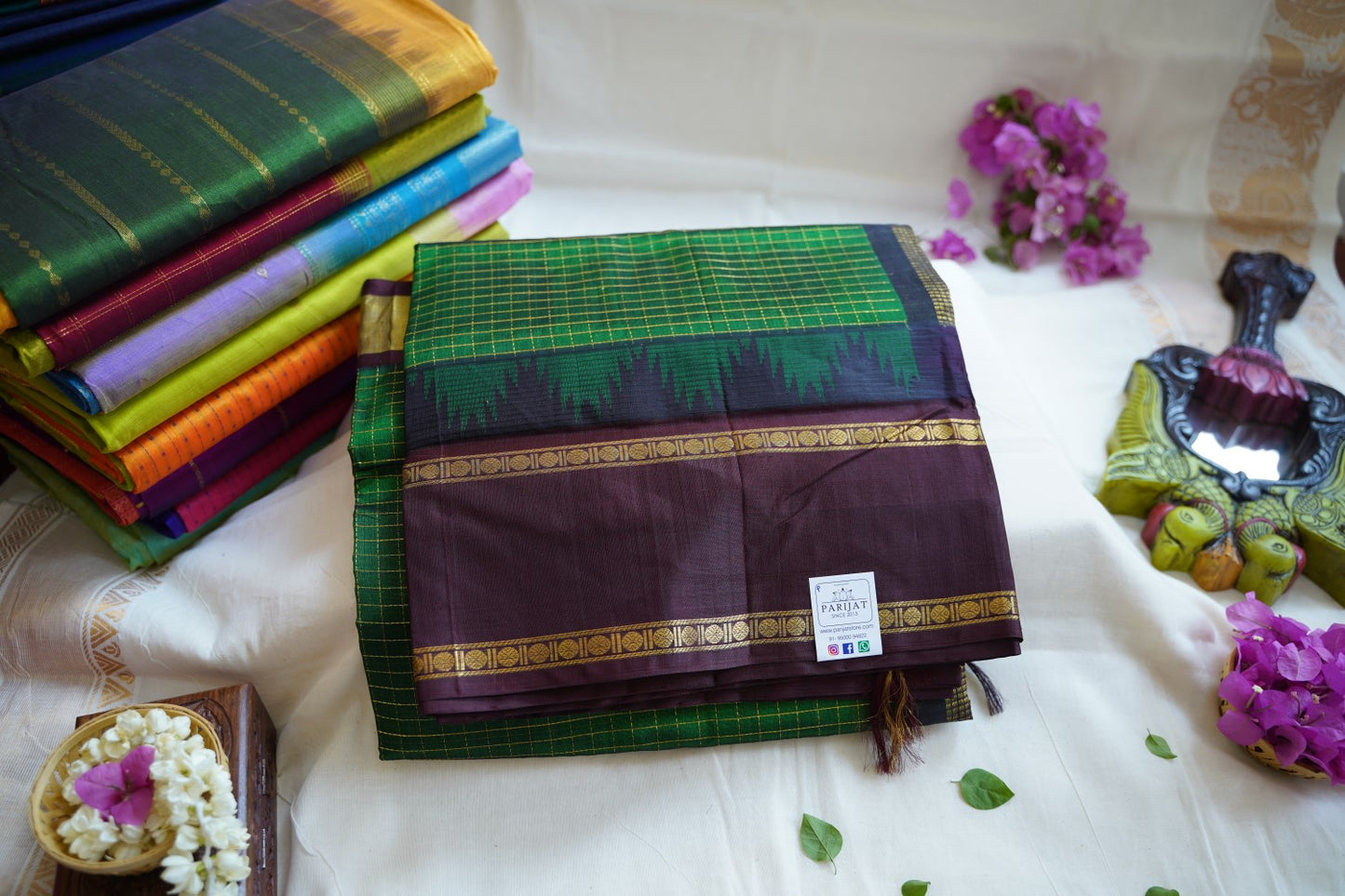 Green Checks Kanchi Silk Cotton Saree With Zari Border PC11661