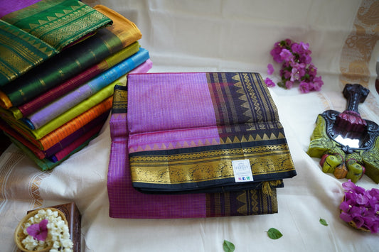 Jamun Color Kanchi Checks Silk Cotton Saree With Zari Border  PC10470