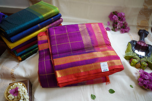 Purple Checks 10  yards Kanchi   Handloom Silk Cotton Saree PC11101