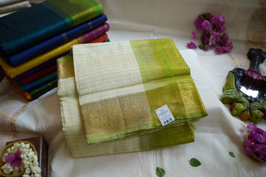 Half White Lakshadeepam  Kanchi Silk Cotton  Saree With Zari Border  PC11025