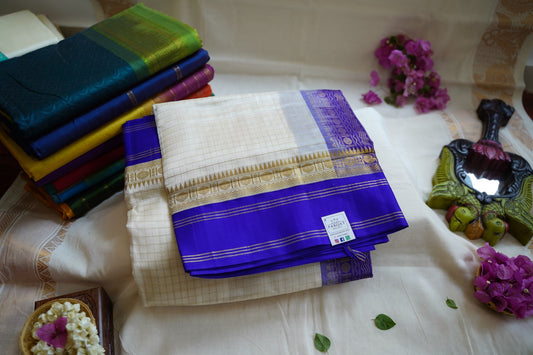 Half white Kanchi  Checks Silk Cotton Saree With Zari Border PC11379