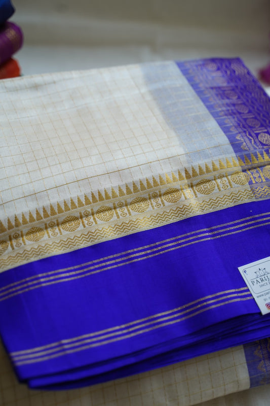 Half white Kanchi  Checks Silk Cotton Saree With Zari Border PC11379