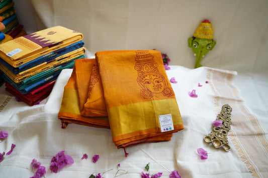 Block Printed Kanchi  Silk Cotton Saree With Zari Border  PC10539