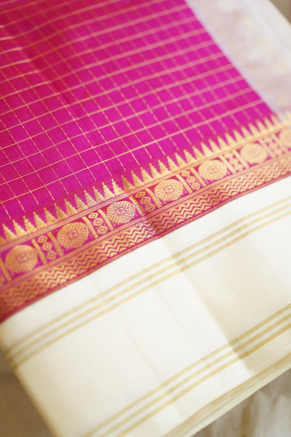 Pink checks Kanchi Handloom Silk Cotton Saree PC12135