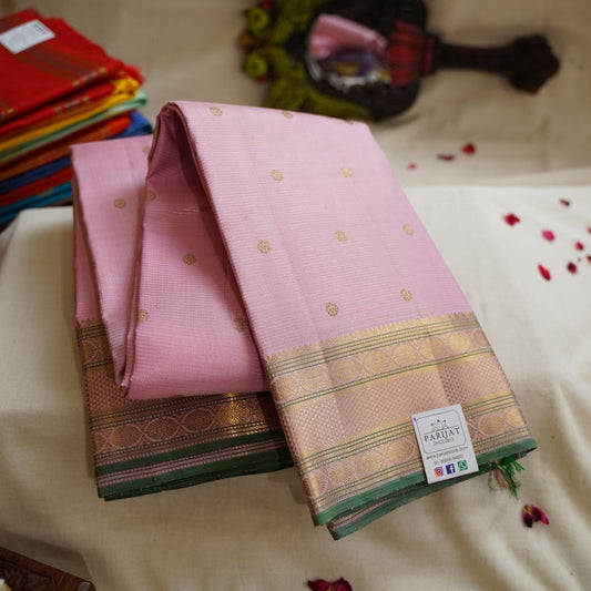 Baby Pink Pure 4gm gold Mutu Kattam Kanchi Silk Saree PC10761