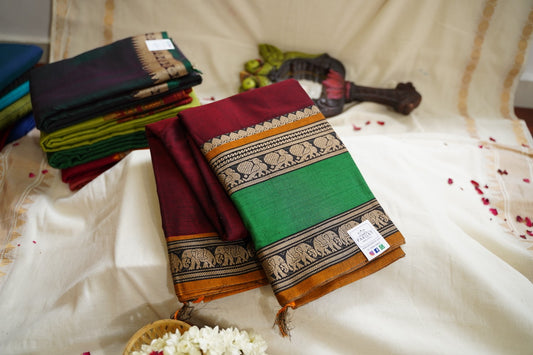 Maroon Red Narayanapet handloom Cotton Saree with Thread border PC12780