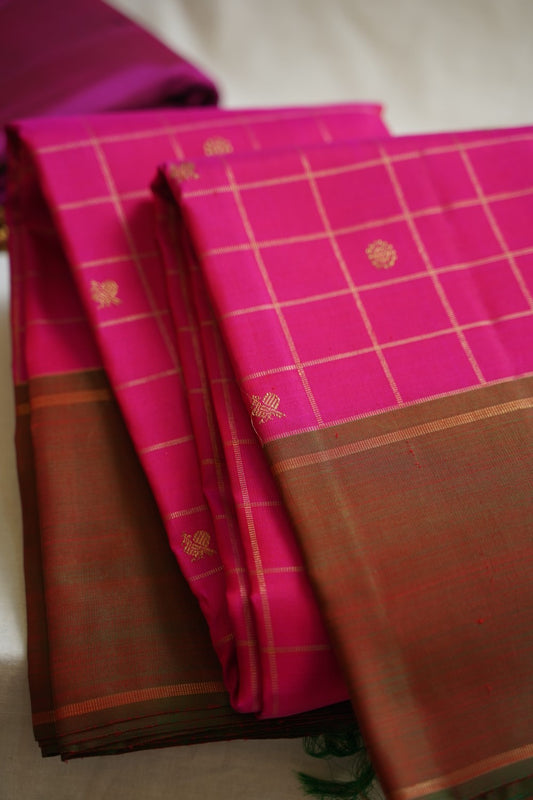 Pink Checks Pure Kanchi Silk Saree PC10488