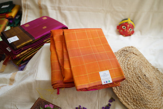 Orange Yellow Pure Kanchi Checks Silk Saree PC10900