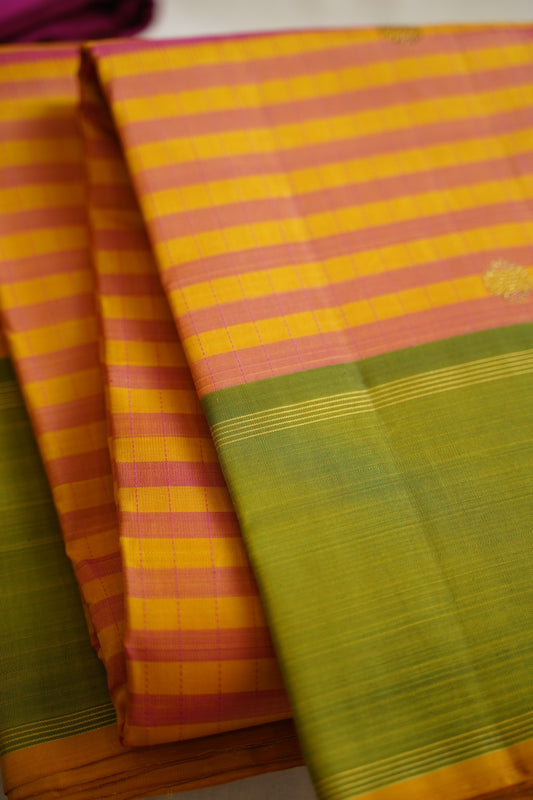 Yellow Checks Pure Kanchi Silk Saree PC10365