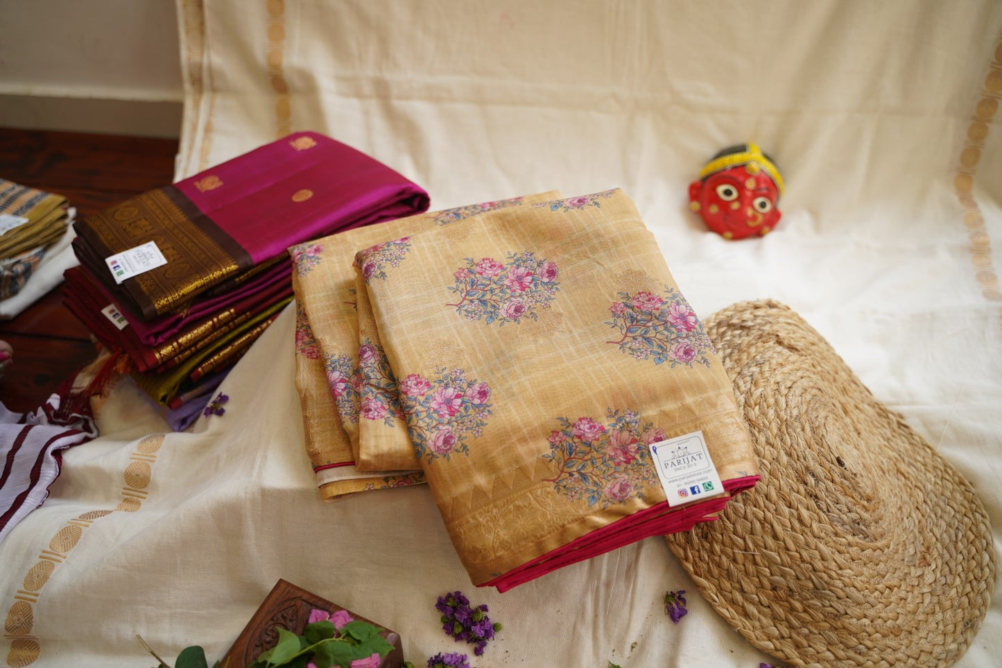 Chanderi floral silk cotton Saree with semi raw silk blouse PC6558