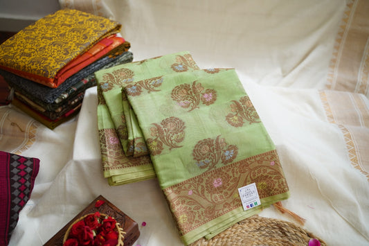 Green Banarasi cotton Saree  PC11649