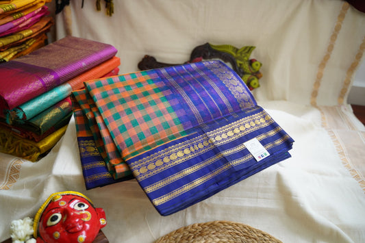 Kanchi Silk Cotton Checked Saree With Zari Border  PC10160