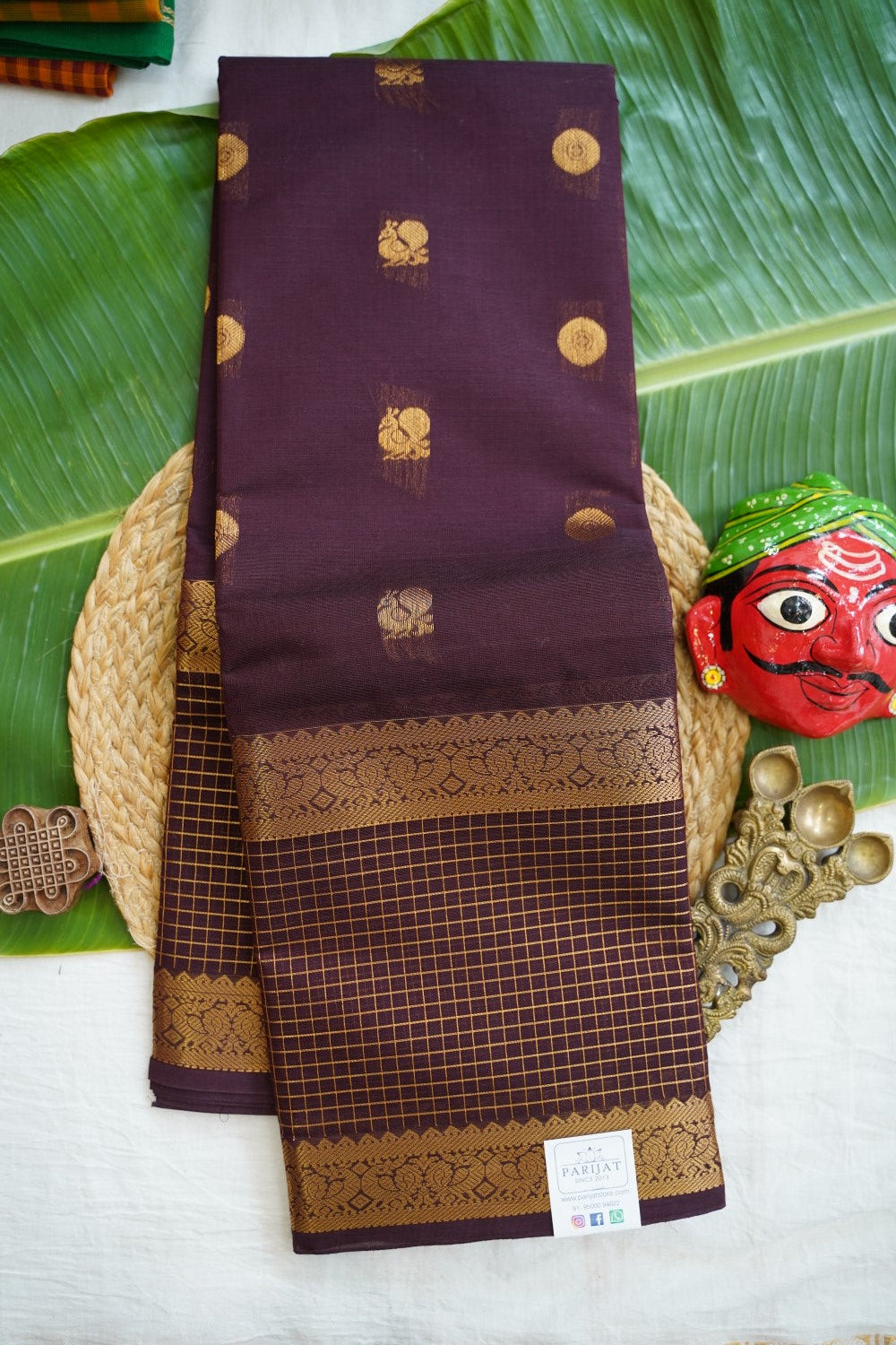 Chettinad handloom Cotton Saree PC17596[|Dark coffee brown]