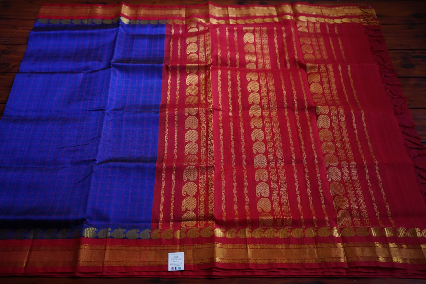 Blue Kanchi Checks Silk Cotton Saree With Zari Border  PC10581