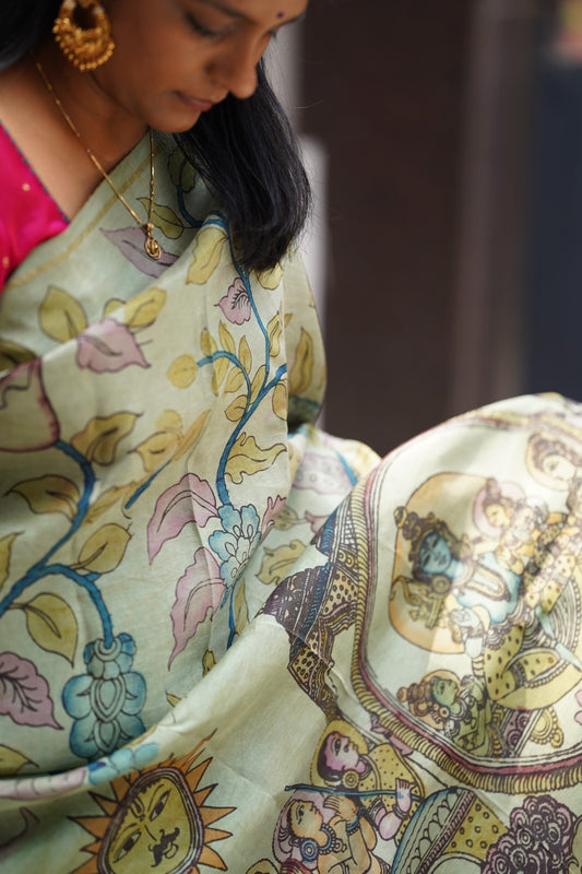 Pen Kalamkari Hand Painted Pure Kanchi Silk Saree - PENSLK PC12116