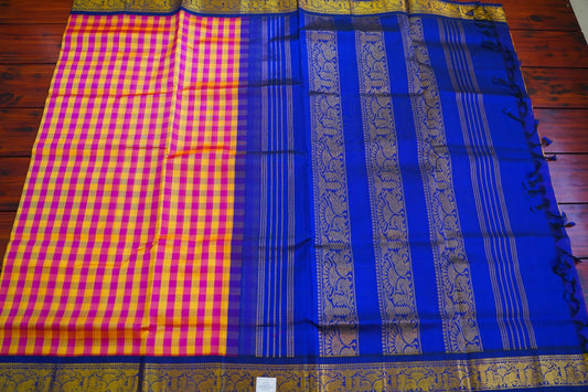 Kanchi Silk Cotton Checked Saree With Zari Border  PC10161