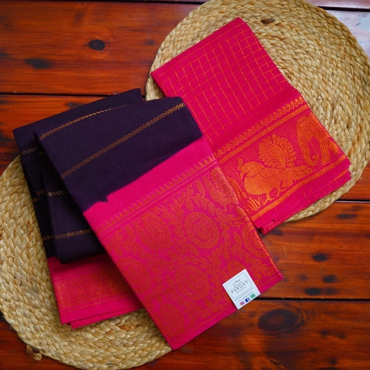 Jamun Veldhari Sungadi handloom Cotton Saree  With Blouse PC10409