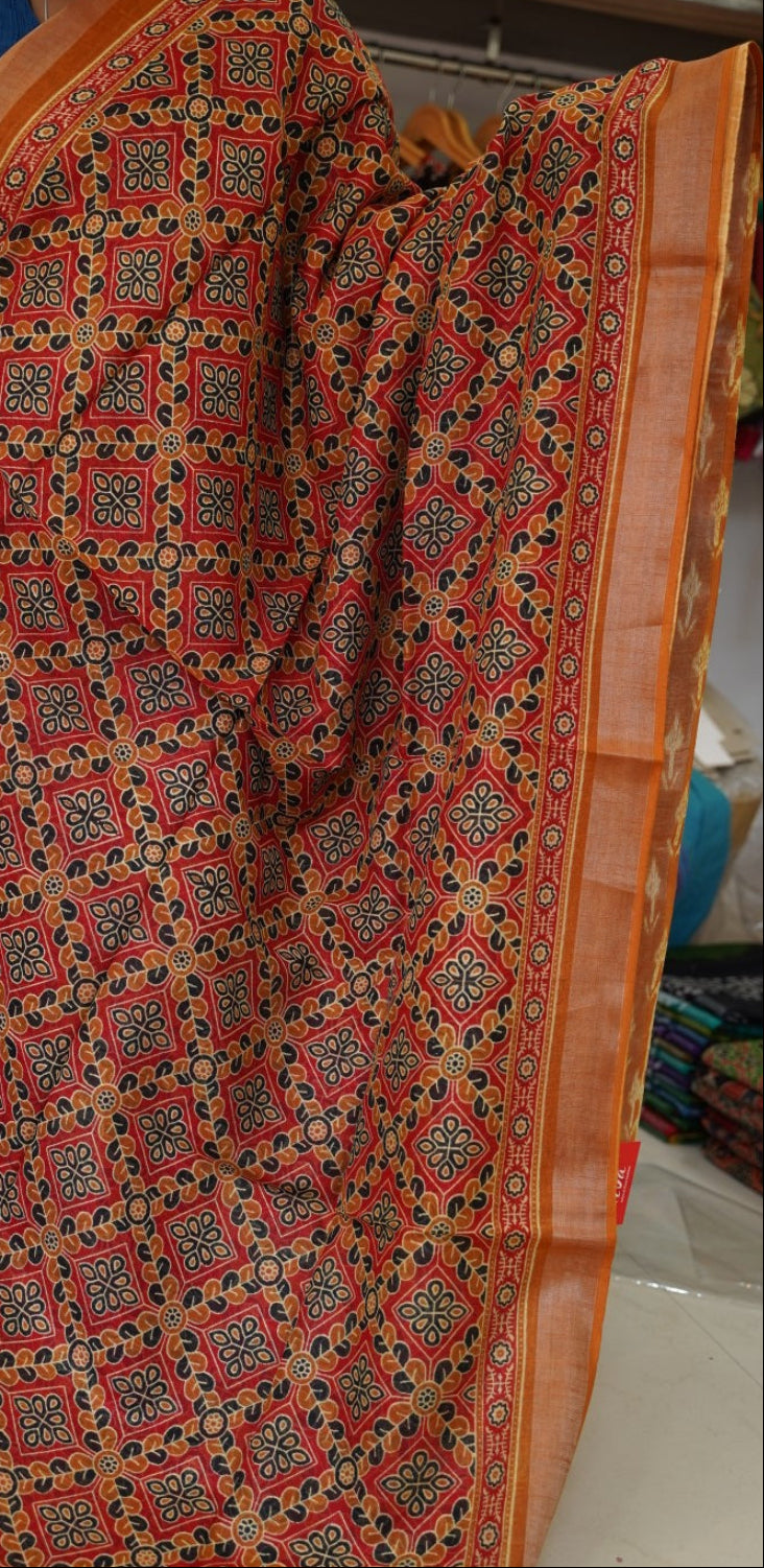 Ajrakh linen cotton saree PC17962