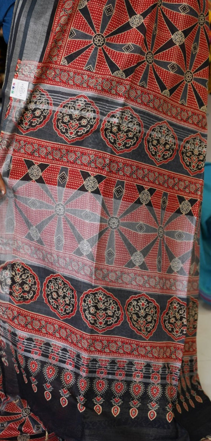 Ajrakh linen cotton saree PC17964