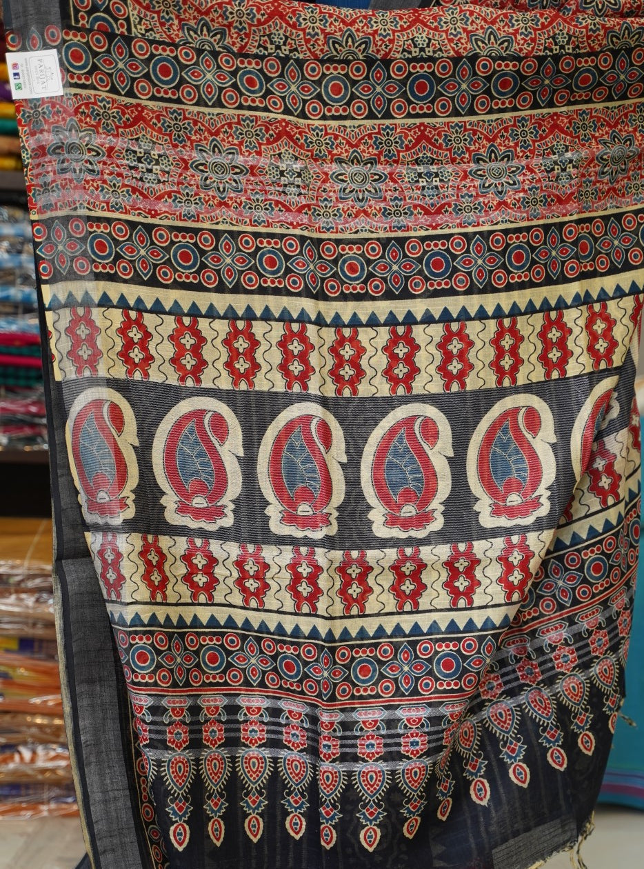Ajrakh linen cotton saree PC17956