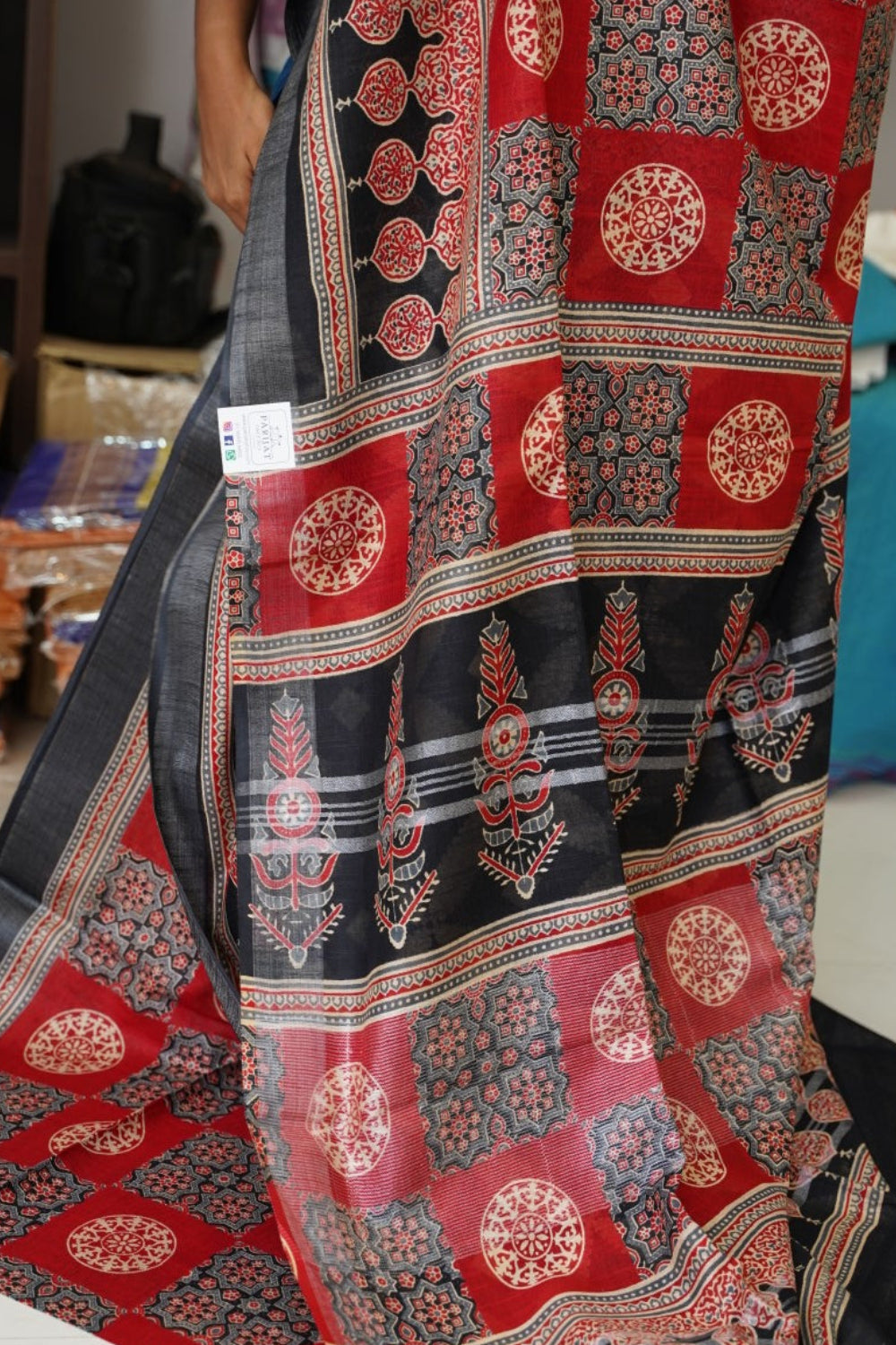 Ajrakh linen cotton saree PC17959