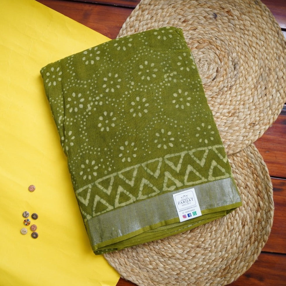 Mehndi Green  Linen Block Printed Cotton Saree PC10439