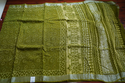 Mehndi Green  Linen Block Printed Cotton Saree PC10439
