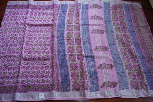 Baby Pink Linen Block Printed Cotton Saree PC10428
