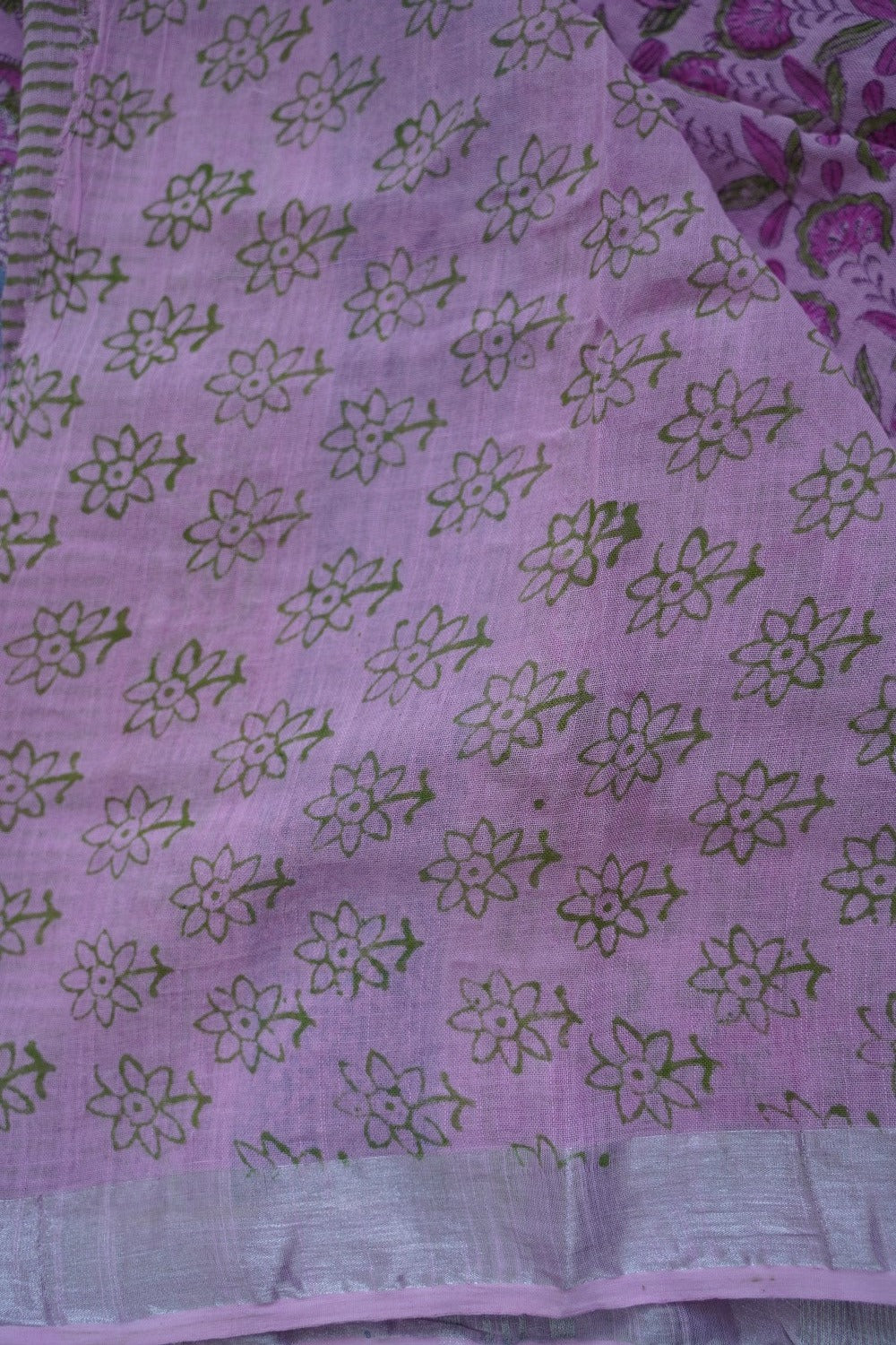 Baby Pink Linen Block Printed Cotton Saree PC10428