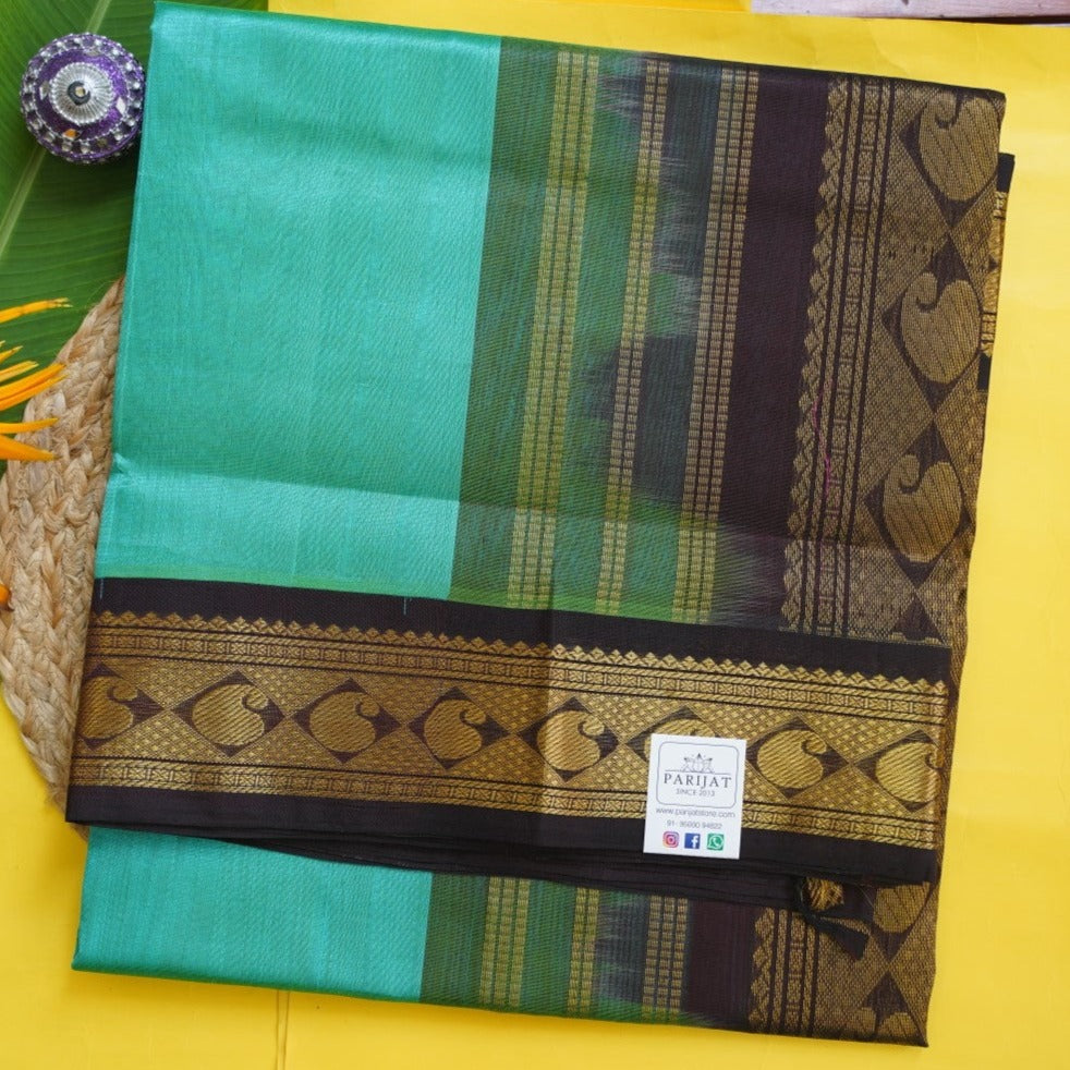 Green  Kanchi  Silk Cotton Saree With Zari Border  PC10456