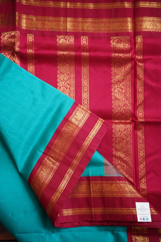Peacock Blue Kanchi  Silk Cotton Saree With Zari  Border PC11709