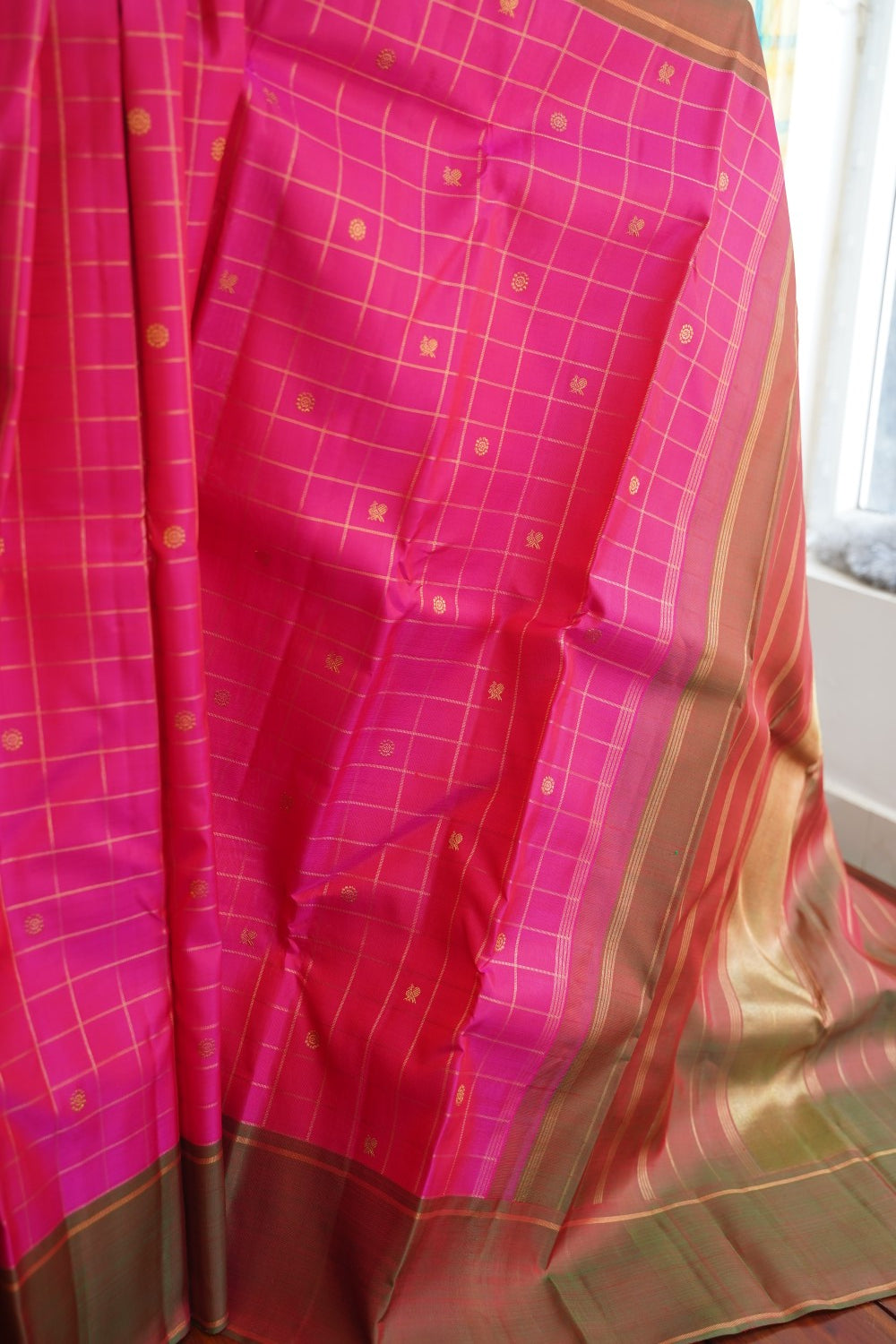 Pink Checks Pure Kanchi Silk Saree PC10488