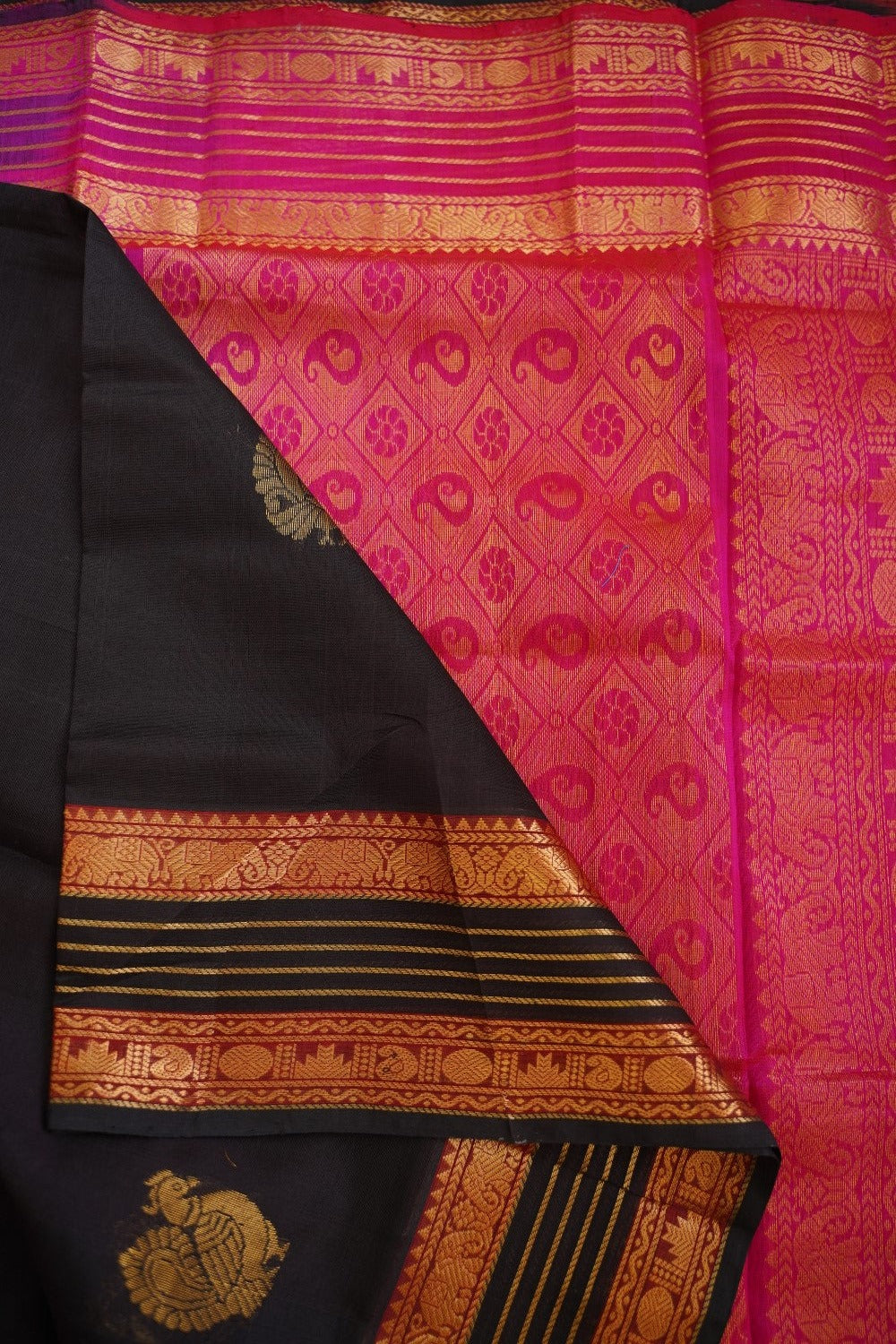 Black  Kanchi Silk Cotton Saree With Zari Border  PC10467