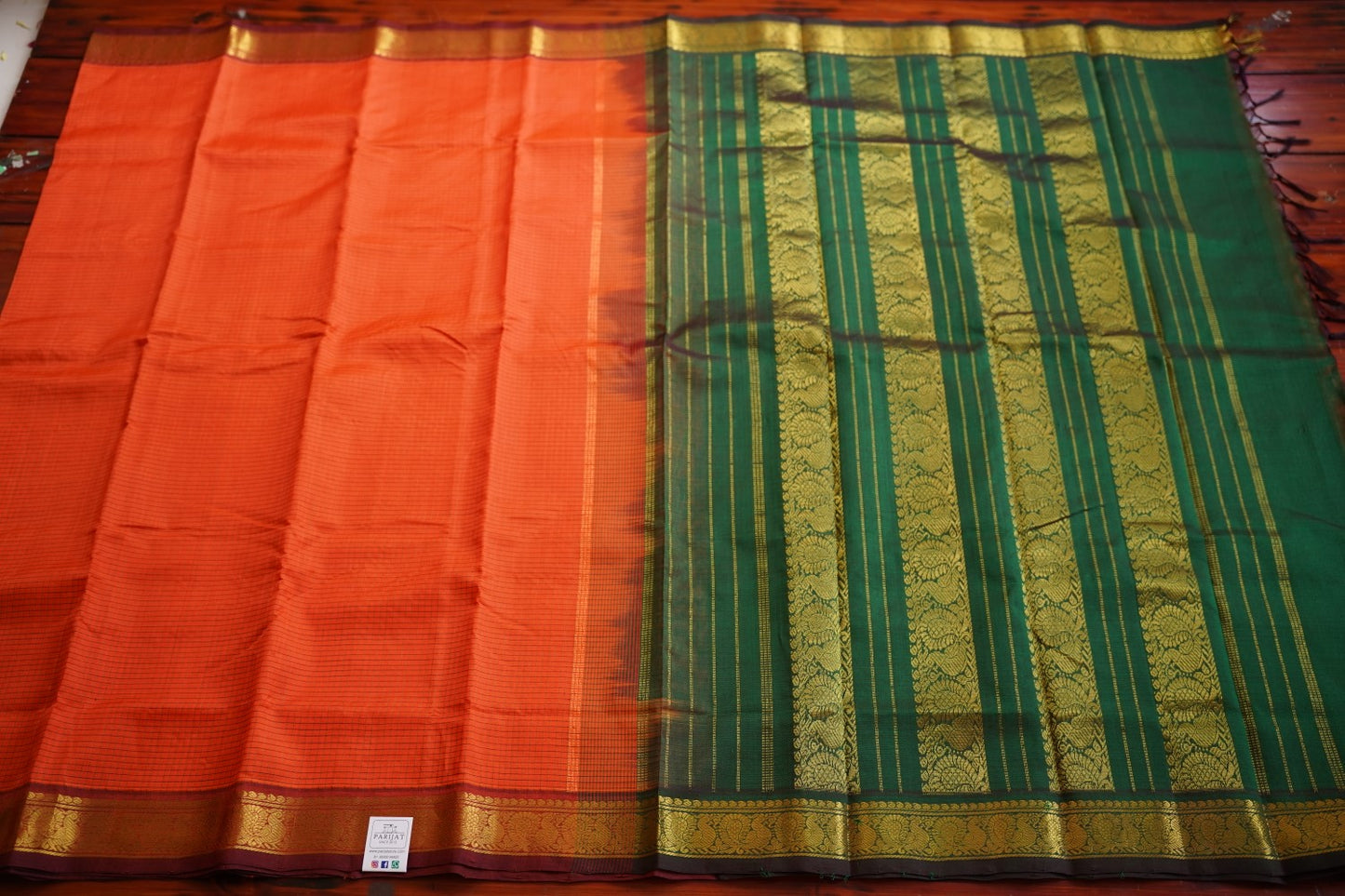 Orange Kanchi Checks Silk Cotton Saree With Zari  Border PC11732