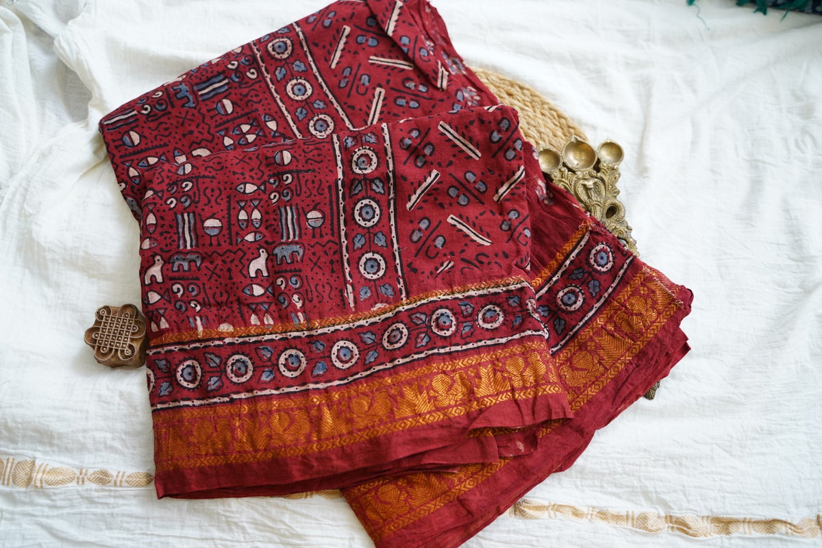 Ajrakh Block Printed cotton Saree PC18162