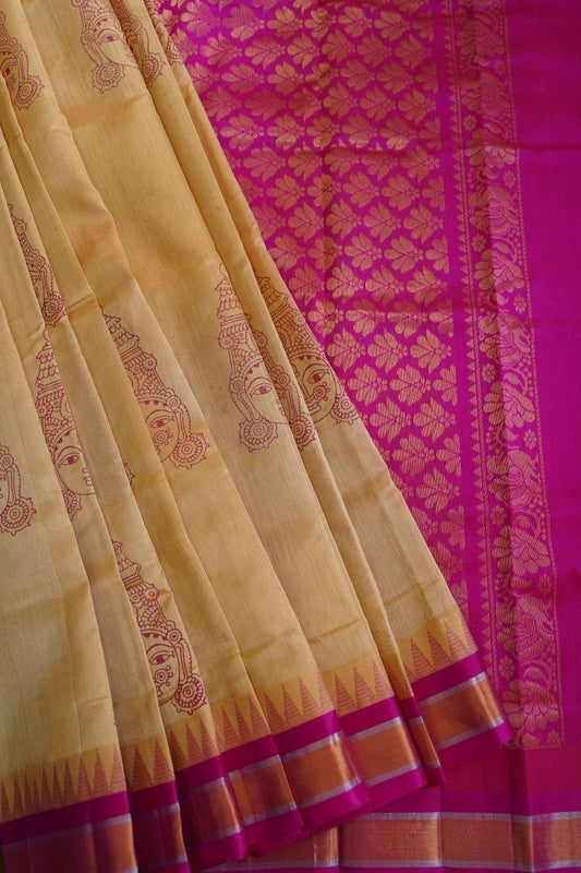 Block Printed Kanchi  Silk Cotton Saree With Zari Border  PC10540