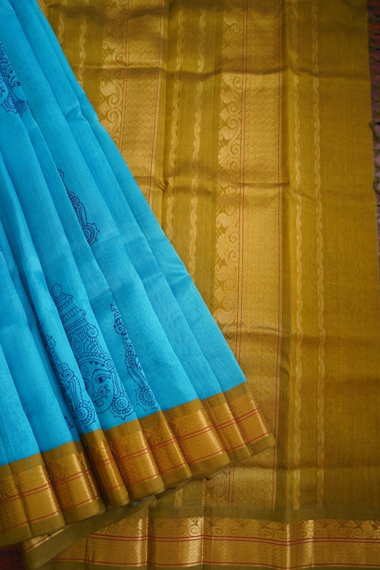 Block Printed Kanchi  Silk Cotton Saree With Zari Border  PC10542