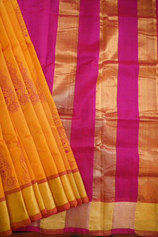 Block Printed Kanchi  Silk Cotton Saree With Zari Border  PC10543