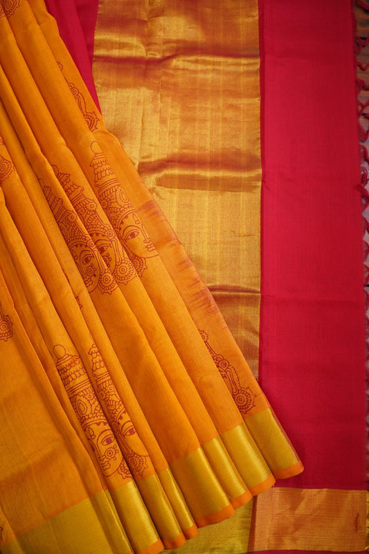 Block Printed Kanchi  Silk Cotton Saree With Zari Border  PC10539