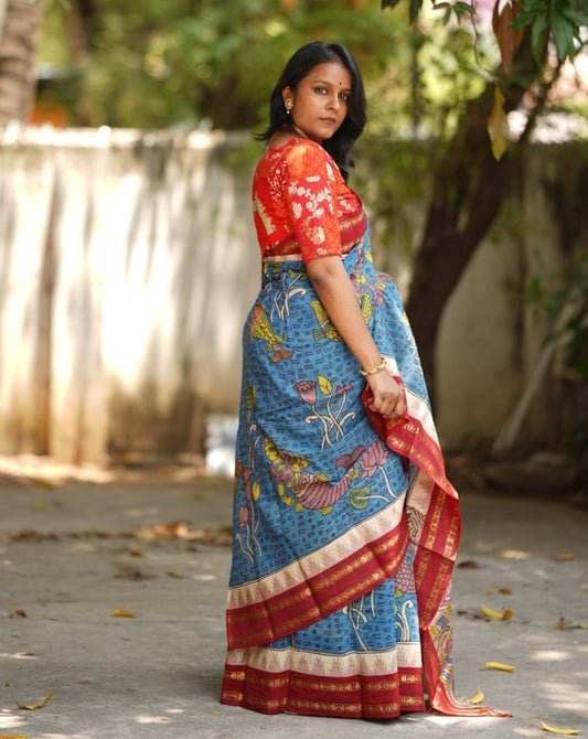Kalamkari Hand Painted in Handloom Cotton Saree With Silk Border-Mermaid tale PC10152