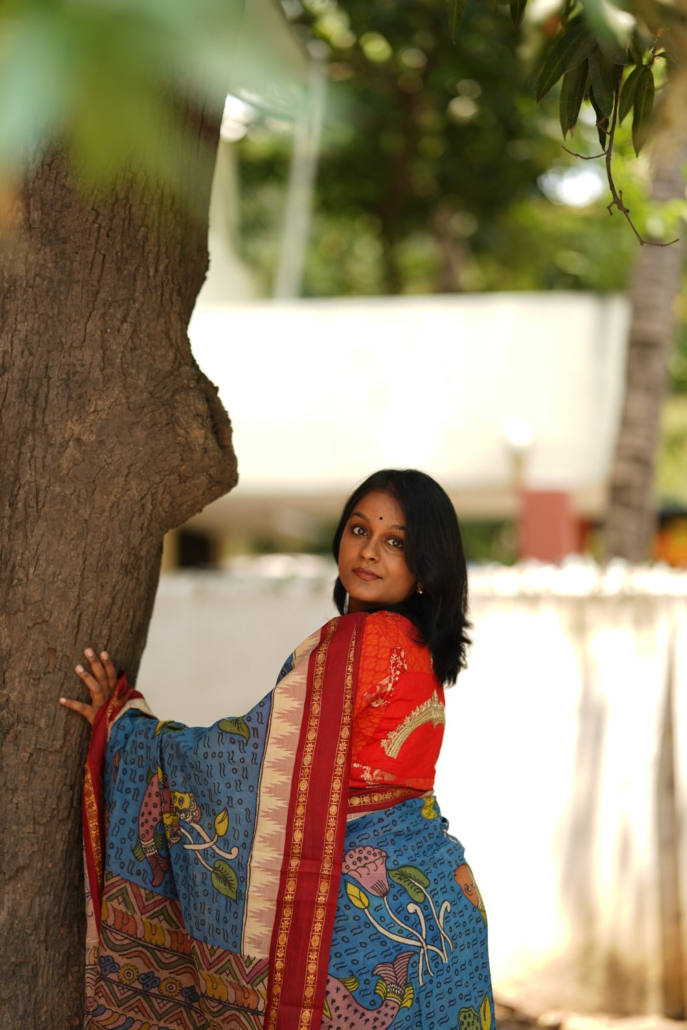 Kalamkari Hand Painted in Handloom Cotton Saree With Silk Border-Mermaid tale PC10152