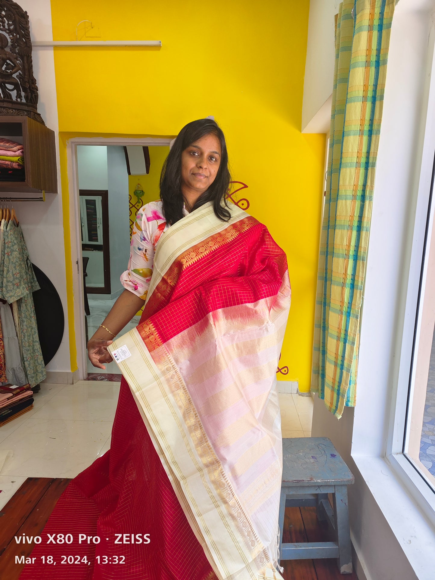 Red checks Kanchi Handloom Silk Cotton Saree PC12134
