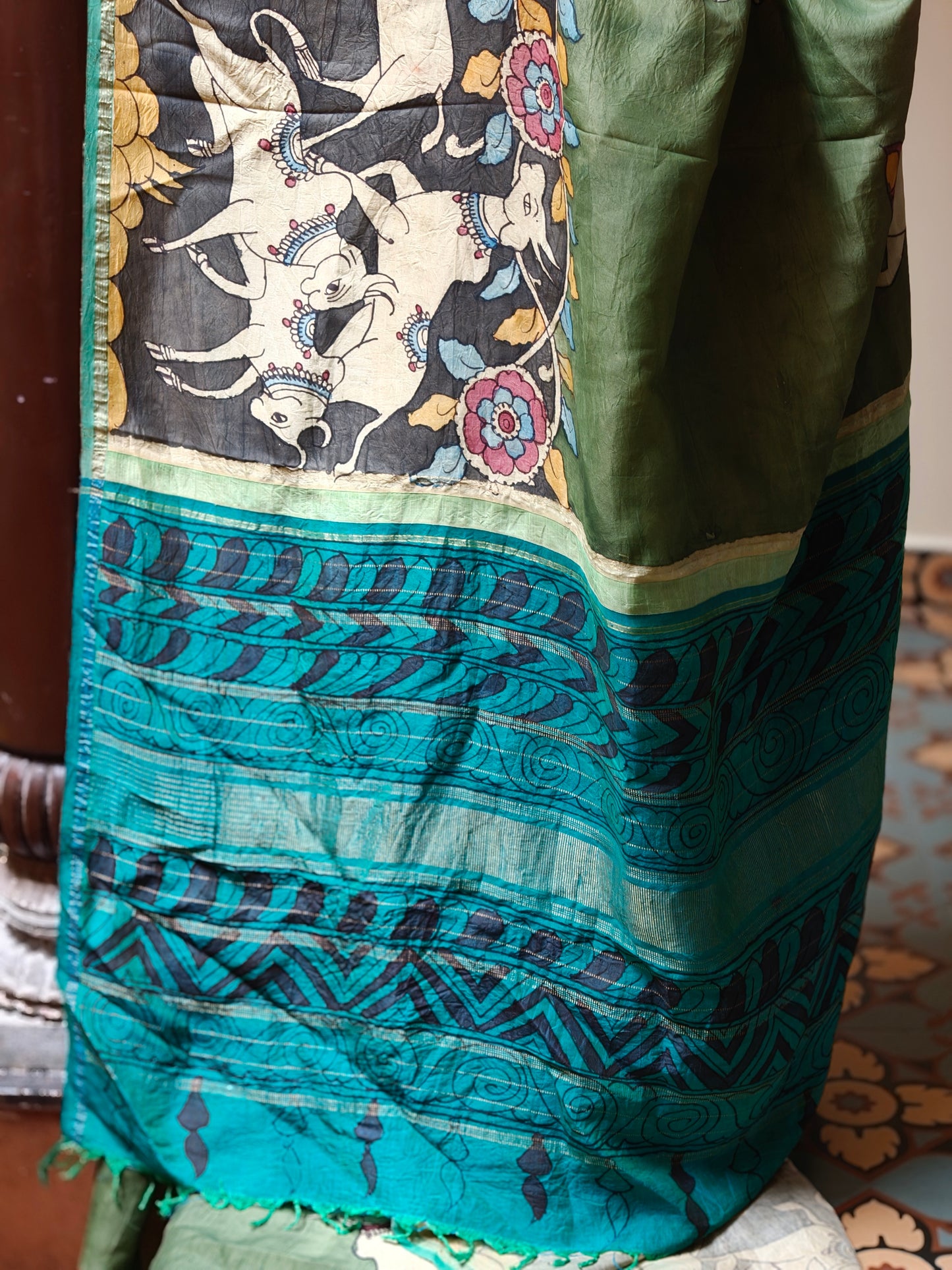 Hand painted kalamkari kanchi silk saree - Kamadhenu