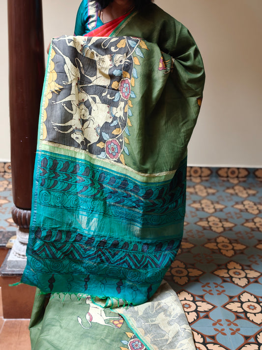 Hand painted kalamkari kanchi silk saree - Kamadhenu
