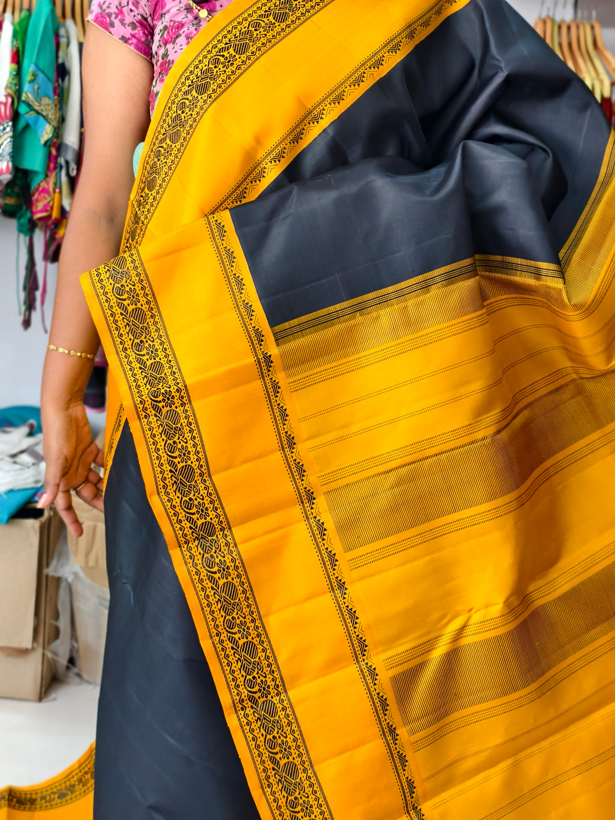 Pure Kanchi Silk Saree -Black mustard PC18196