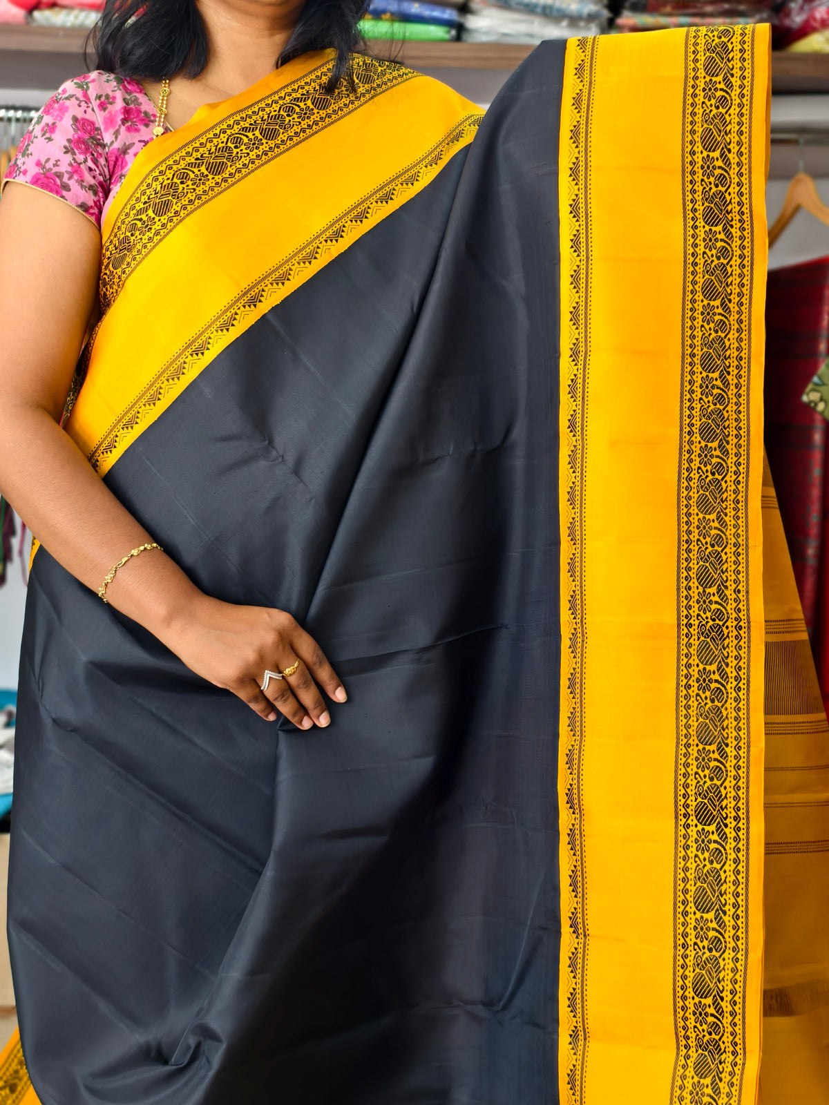 Pure Kanchi Silk Saree -Black mustard PC18196