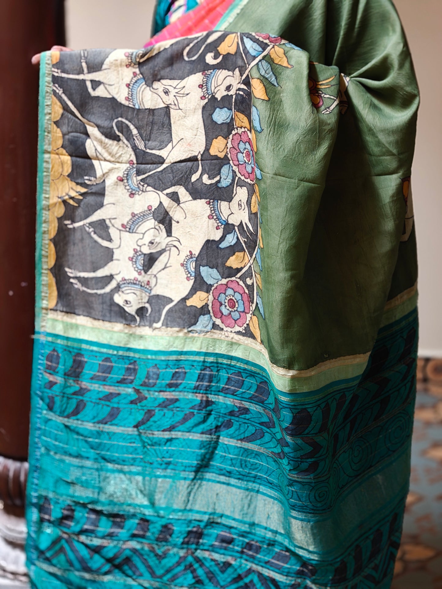 Hand painted kalamkari kanchi silk saree - Kamadhenu