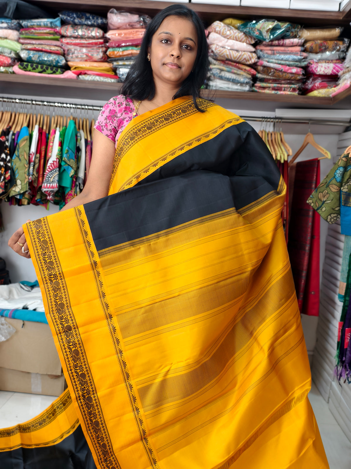 Pure Kanchi Silk Saree -Black mustard PC18196
