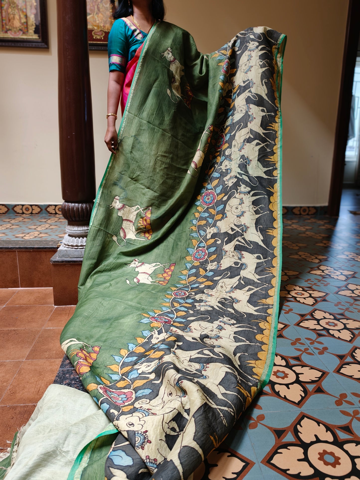Hand painted kalamkari kanchi silk saree - Kamadhenu